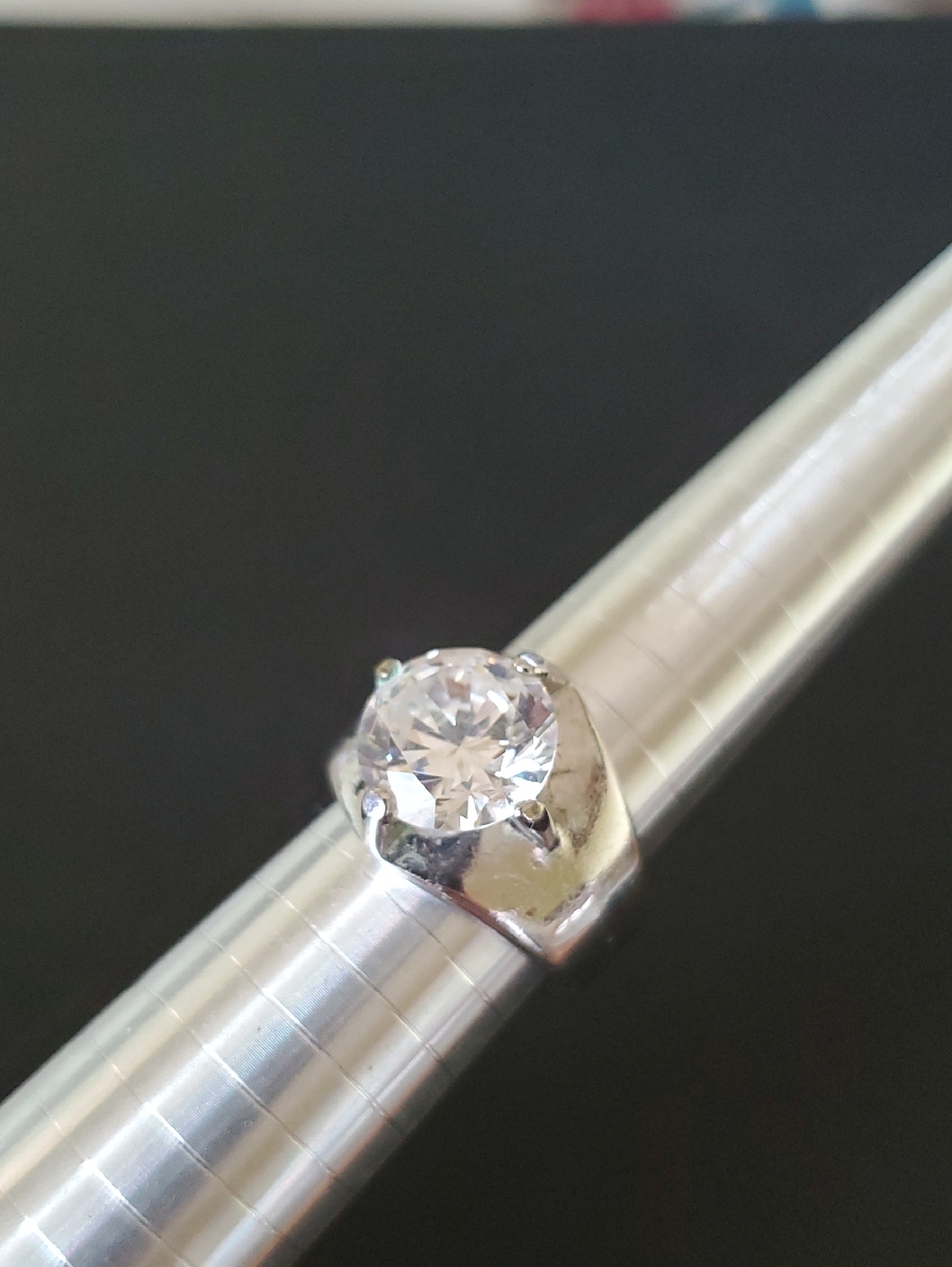 Men's Silver-Tone Solitaire Ring with Clear Stone 18KT HGE